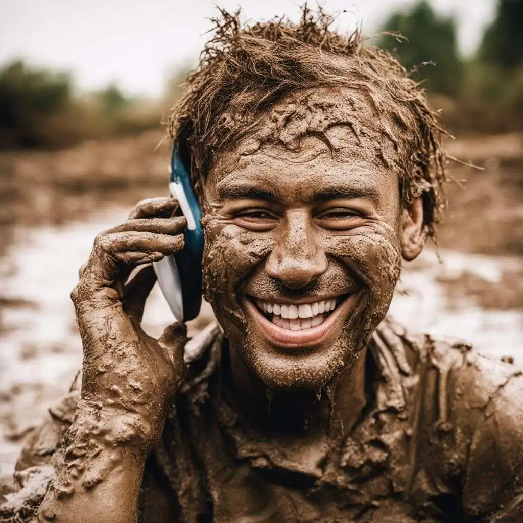 Человек в грязи, но с улыбкой звонит в Лебёдку77